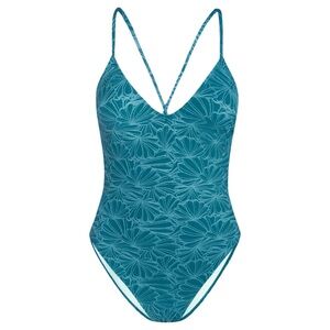 Cupshe Plunge Teal Floral One-Piece Swimsuit Large NWT Beach Resortwear Vacation